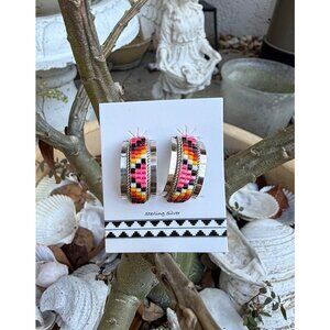 Native American Navajo Handmade Beaded Hoop Sterling Silver Earrings LR New gift